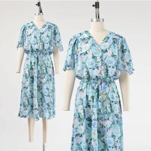 Vintage 80s Blue Floral Flutter Sleeve Watercolor Tea Cottagecore Midi Dress S M